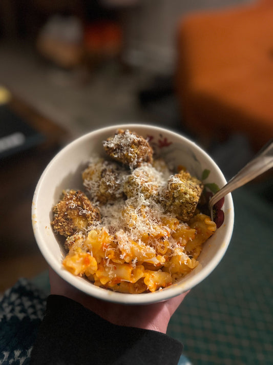Ajvar Parmesan Pasta with Crispy Za’atar Tofu